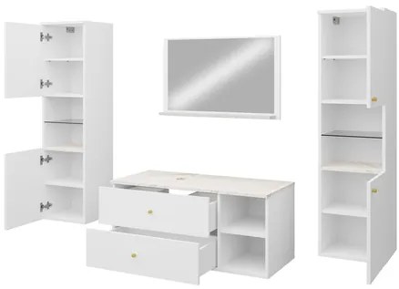 Kúpelňový nábytok Kiago III (biela matná + mramor bianco + zlatá) (s umývadlom a sifónom). Vlastná spoľahlivá doprava až k Vám domov. 1103970