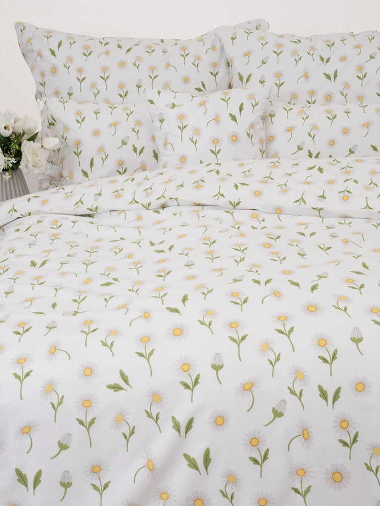 Predĺžené bavlnené obliečky Renforcé - Sedmokrásky biele