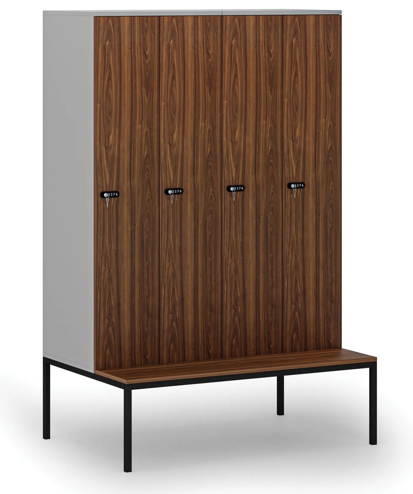 Drevená šatníková skrinka S4 s lavičkou, 4 oddiely, 1871 x 1200 x 500/800 mm, demont, mechanický kódový zámok, sivá/orech