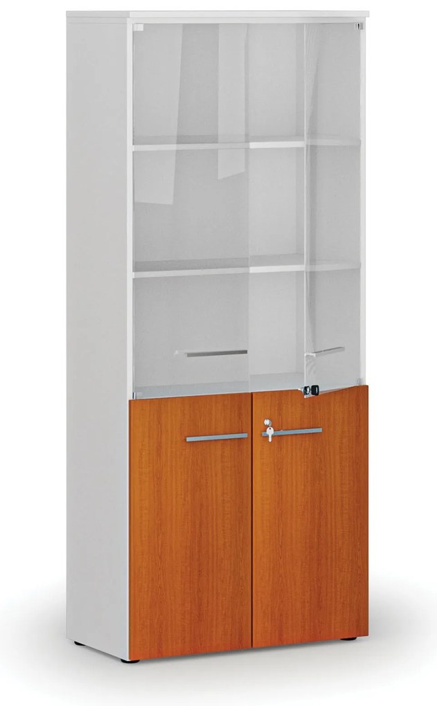 Kombinovaná kancelárska skriňa PRIMO WHITE s drevenými a sklenenými dverami, 800 x 420 x 1781 mm, biela/čerešňa