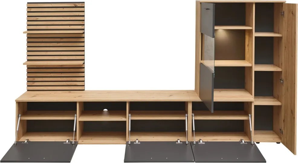 Obývacia  stena Heathrow, dub artisan/antracit, s osvetlením