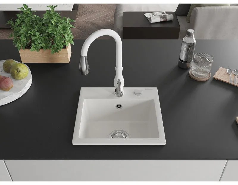Mexen Milo, 1-komorový granitový drez 435x410x171 mm a drezová batéria Savita, biela, 6505-20-672601-20