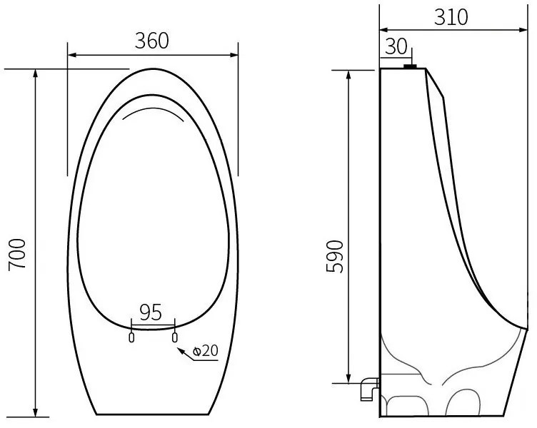 Mexen Lucas, závesný pisoár 70x36x31 cm, čierna matná, 37027070