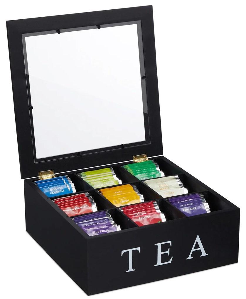 Čierna krabička na čaj s 9 priehradkami a nápisom „TEA“ RelaxDays RD10047497