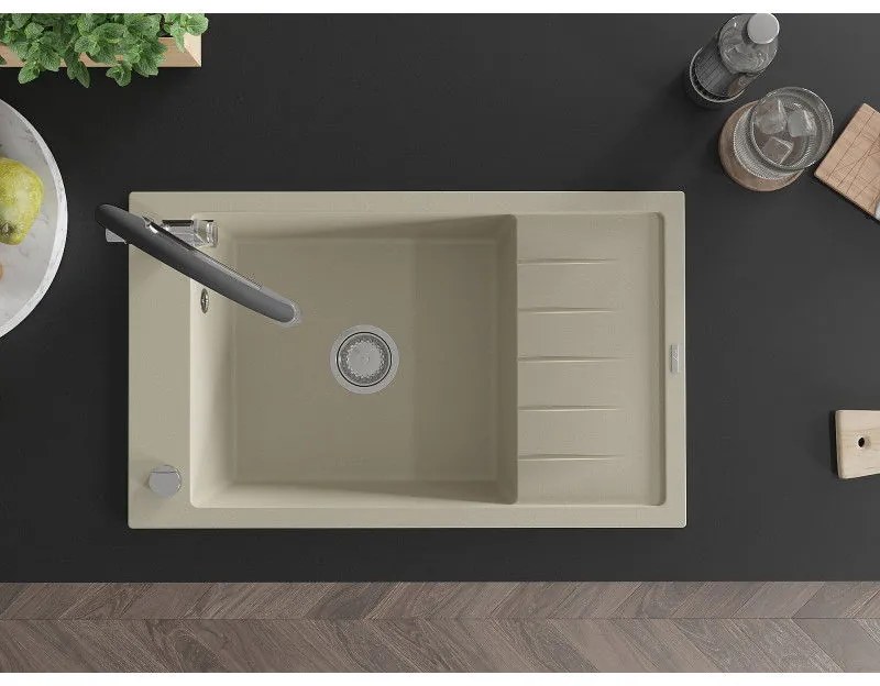 Mexen Elias, 1-komorový granitový drez 795x480x200 mm a drezová batéria Duo, béžová, 6511-69-671701-07