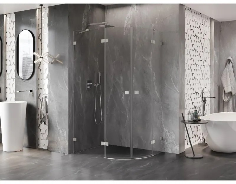 Mexen Lunar, polkruhový sprchový kút naklápací doľava 90 x 80 cm, 8mm číre sklo, oceľový profil, 833-090L-080P-97-00