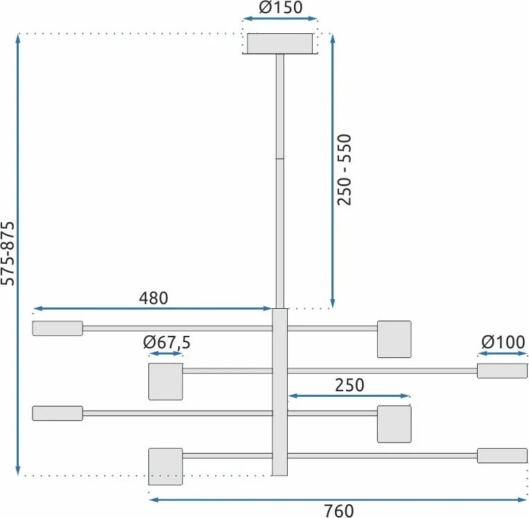Toolight Toolight, LED stropné svietidlo s 8 ramenami 75x124 cm APP598-8C, čierna, OSW-08566
