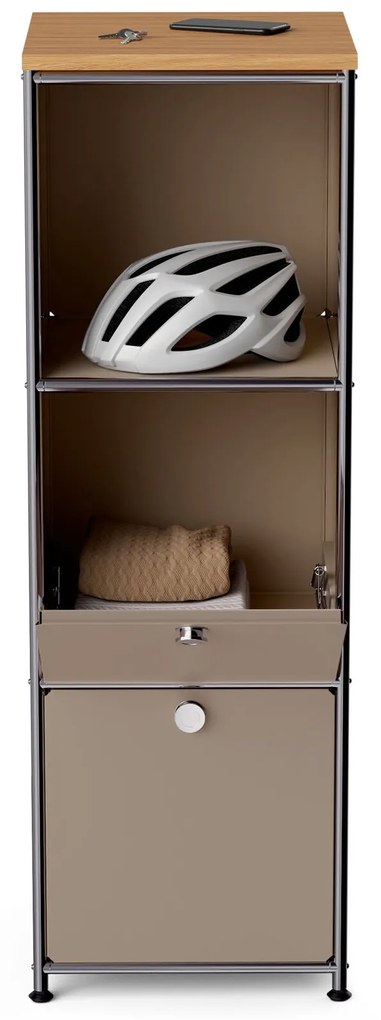 Úzka kovová komoda »CN3« s drevenou doskou a 2 výklopnými priečinkami, hnedosivá