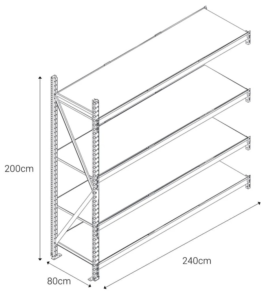 Kovový regál LONGSPAN, prídavný modul 200x240x80cm, 4x DTD polica, 500kg na policu