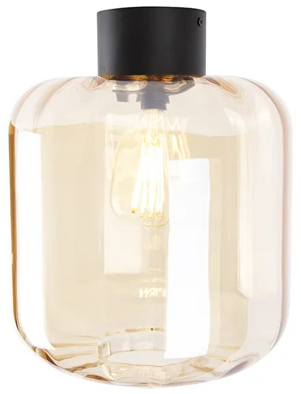 Dizajnové stropné svietidlo čierne s jantárovým sklom - Qara