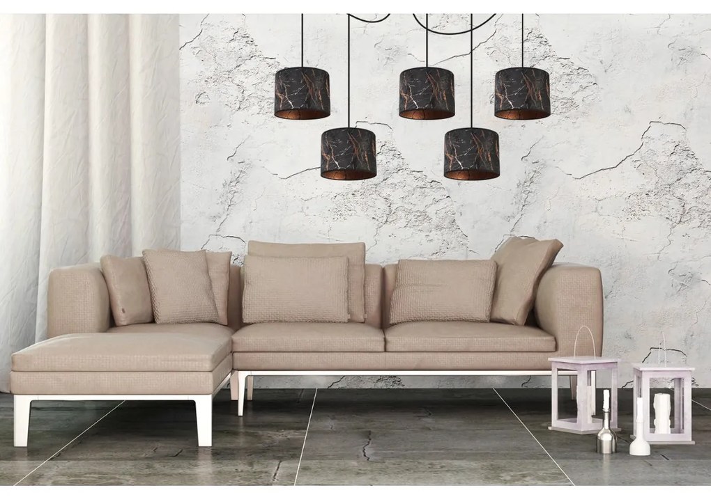 Závesné svietidlo Werona Spider, 5x čierne textilné tienidlo so vzorom, c