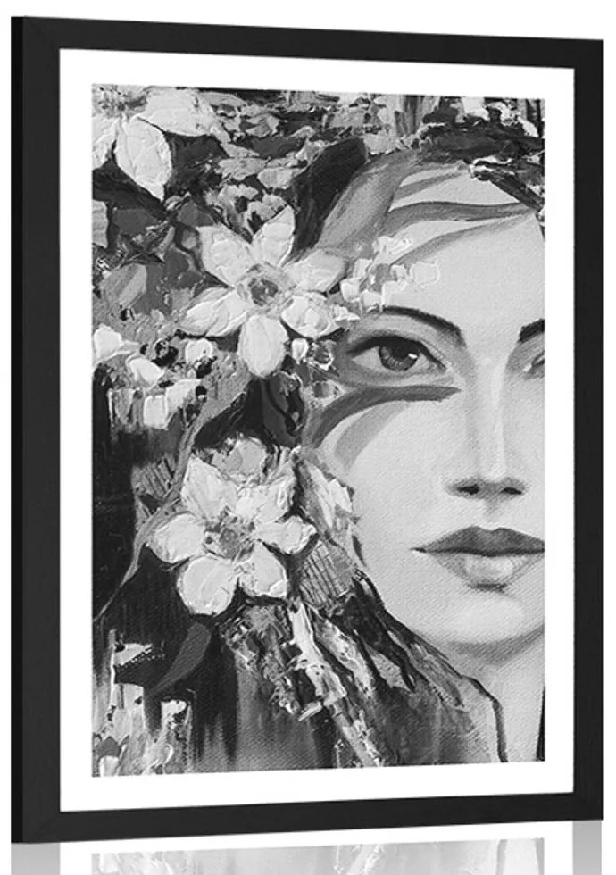 Plagát s paspartou originálna maľba ženy v čiernobielom prevedení - 40x60 white