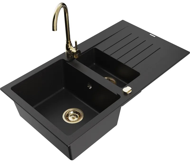 Mexen Matias, 1,5-komorový granitový drez s odkvapkávačom 90x50 cm a kuchynskou batériou Telma, čierna, 6502-77-670200-50