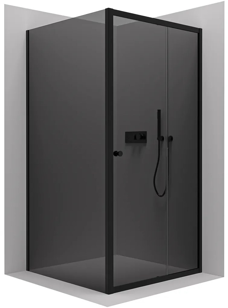Cerano Varone, sprchovací kút s posuvnými dverami 120 (dvere) x 80 (stena) x 195 cm, 6mm šedé sklo, čierny profil, CER-CER-429631