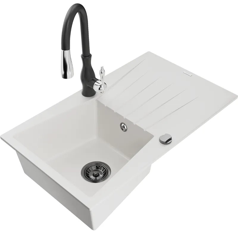 Mexen Cesar, 1-komorový granitový drez 775x470x190 mm a drezová batéria Savita, biela, 6514-20-672601-70