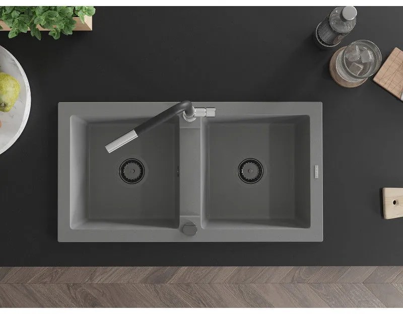 Mexen Mario, 2-komorový granitový drez 820x436x161 mm a drezová batéria Flora, šedá, 6504-71-670401-07-B