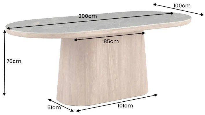 Jedálenský stôl UNIQUE 200 cm oválny rám z dubového dreva s dyhovanou keramikou a doskou z bieleho mramoru