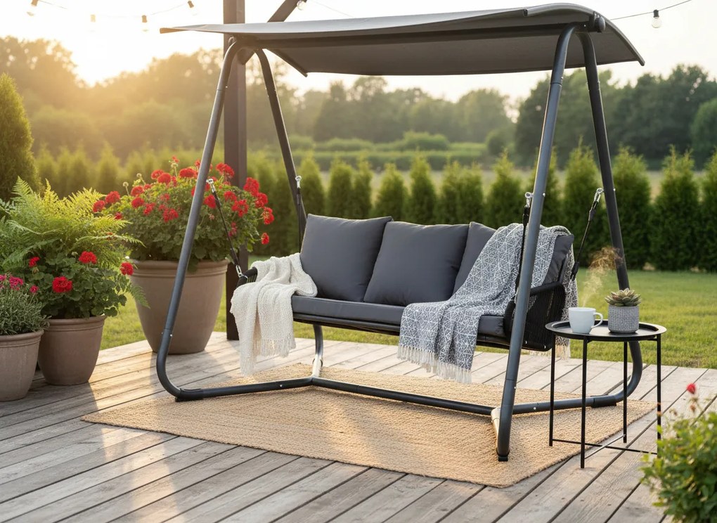 Garden Line ZÁHRADNÁ HOJDAČKA S PLETENÝMI OPIERKAMI RÚK 180 x 139 x 185 CM ANTRACIT PREMIUM