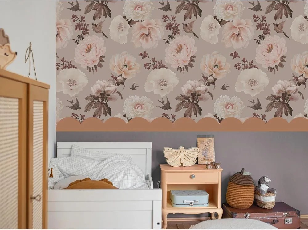 Tapeta pivonky a vtáky 280x100 cm