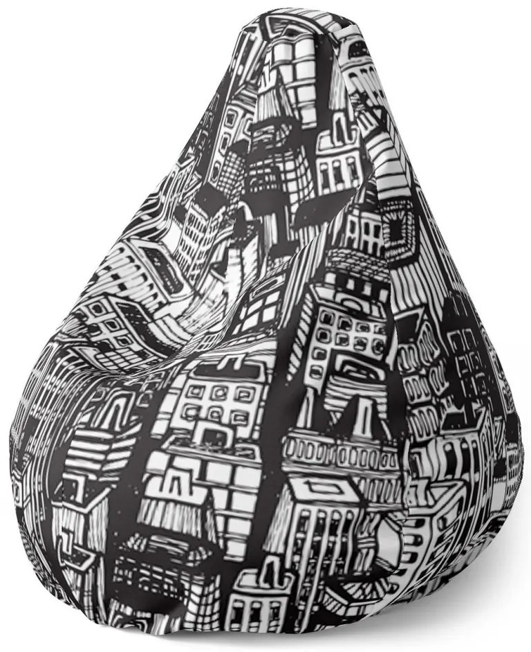Sedací vak Pear kreslené mrakodrapy, čierna / biela