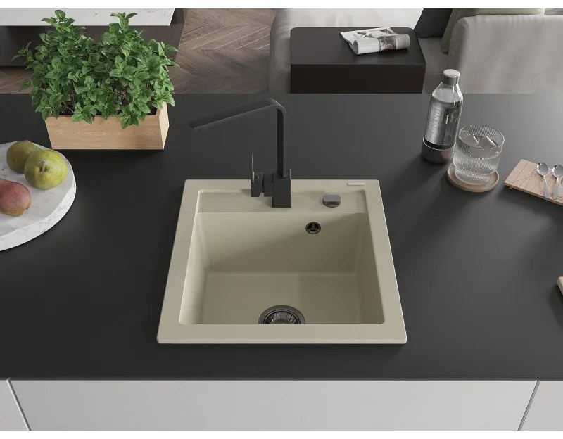 Mexen Vito, 1-komorový granitový drez 520x490x210 mm, čierna batéria Rita, béžová, 6503-69-670300-70