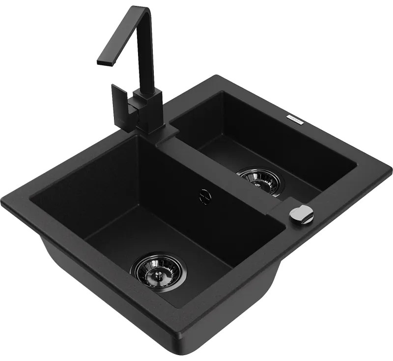 Mexen Carlos, 1,5-komorový granitový drez s odkvapkávačom 582x475x177 mm a čierna kuchynská batéria Rita, čierna, 6518-77-670300-70-B