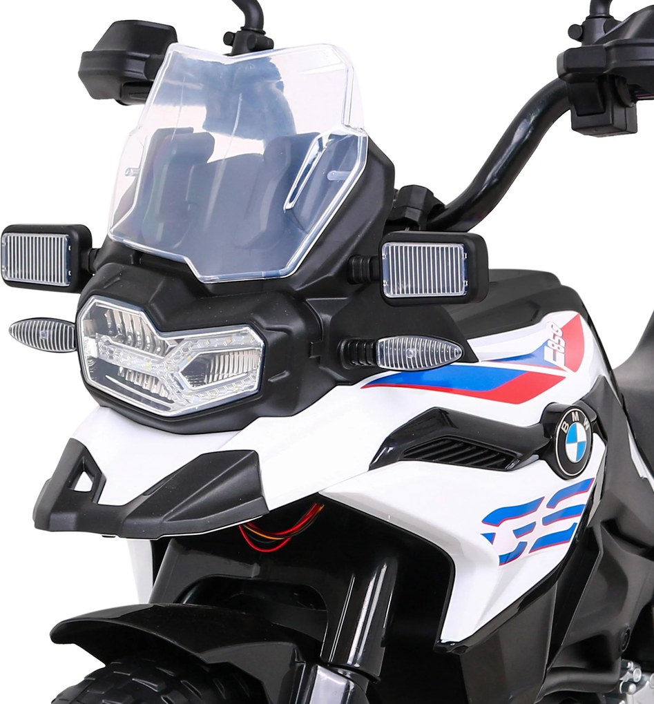 Ramiz BMW F850 GS Detský motocykel na batérie biely + asistenčné kolesá + LED audio + pomalý štart + EVA