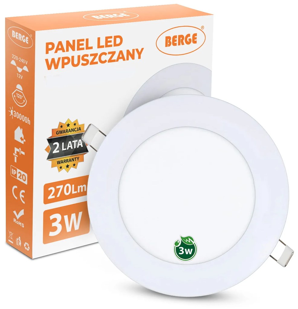 BERGE LED panel kruhový 83x83x15mm vstavaný - SANAN 2835 - 3W - 230V - 200Lm - teplá biela