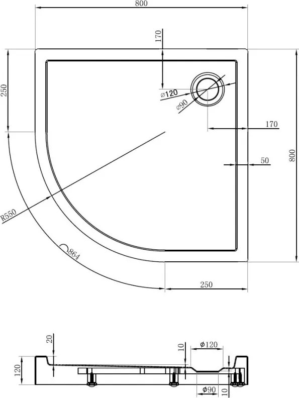 Mexen Flow+ štvrťkruhová sprchová vanička 80 x 80 cm, čierna matná, 46Q708080H