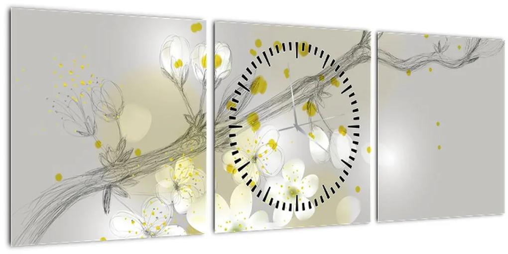 Obraz rozkvitnutej vetvičky (s hodinami) (90x30 cm)