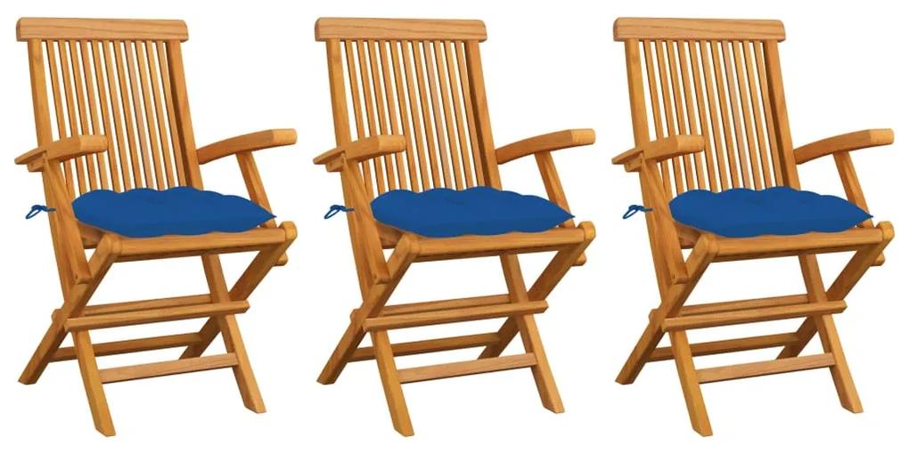 vidaXL Záhradné stoličky s modrými podložkami 3 ks tíkový masív