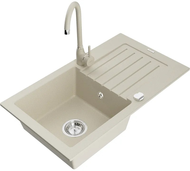 Mexen Pablo, 1-komorový granitový drez s odkvapkávačom 75x44 cm a kuchynskou batériou Telma, béžová, 6510-69-670200-69