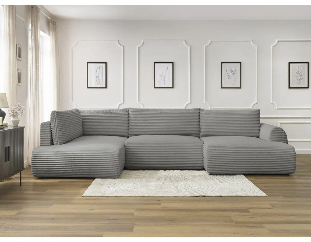 Tmavosivá menčestrová rozkladacia/s úložným priestorom rohová pohovka (ľavý roh/do tvaru "U") Lucien – Bobochic Paris