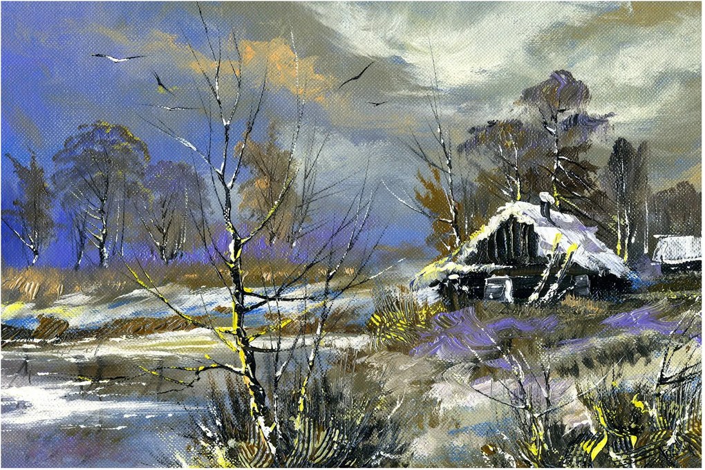 Obraz chalúpky v zimnej krajine, olejomaľba (90x60 cm)
