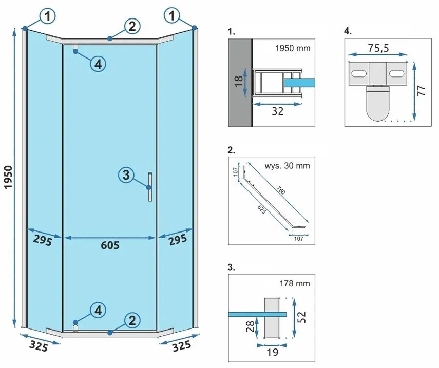 Rea Axin, sprchovací kút 80x80x195 cm + biela sprchová vanička Diamond, KPL-K8778