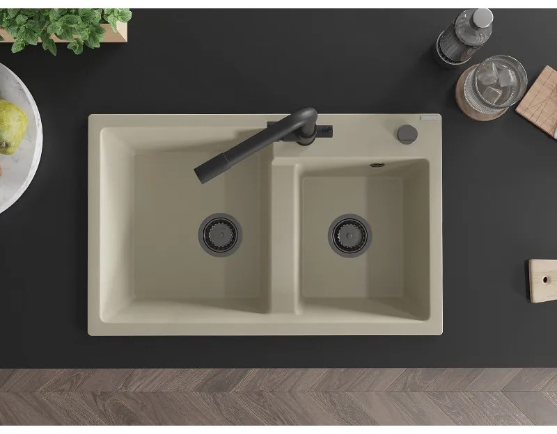 Mexen Tomas, granitový drez 800x500x190 mm, 2-komorový a čierna batéria Duero, béžová, 6516-69-671600-70