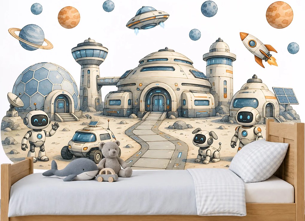 Základňa robotov nálepky na stenu s vesmírnou tematikou hárok 75 x 33 cm