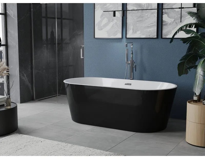 Mexen Luna, voľne stojaca vaňa 150 x 75 cm, biela-čierna, chrómový prepad, 52031507575-01