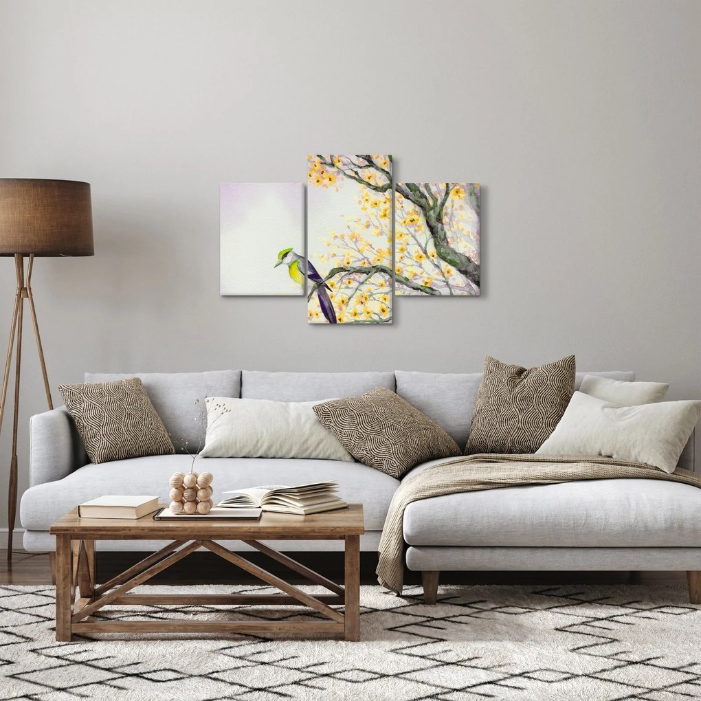 Obraz - Akvarelový vtáčik na strome (90x60 cm)