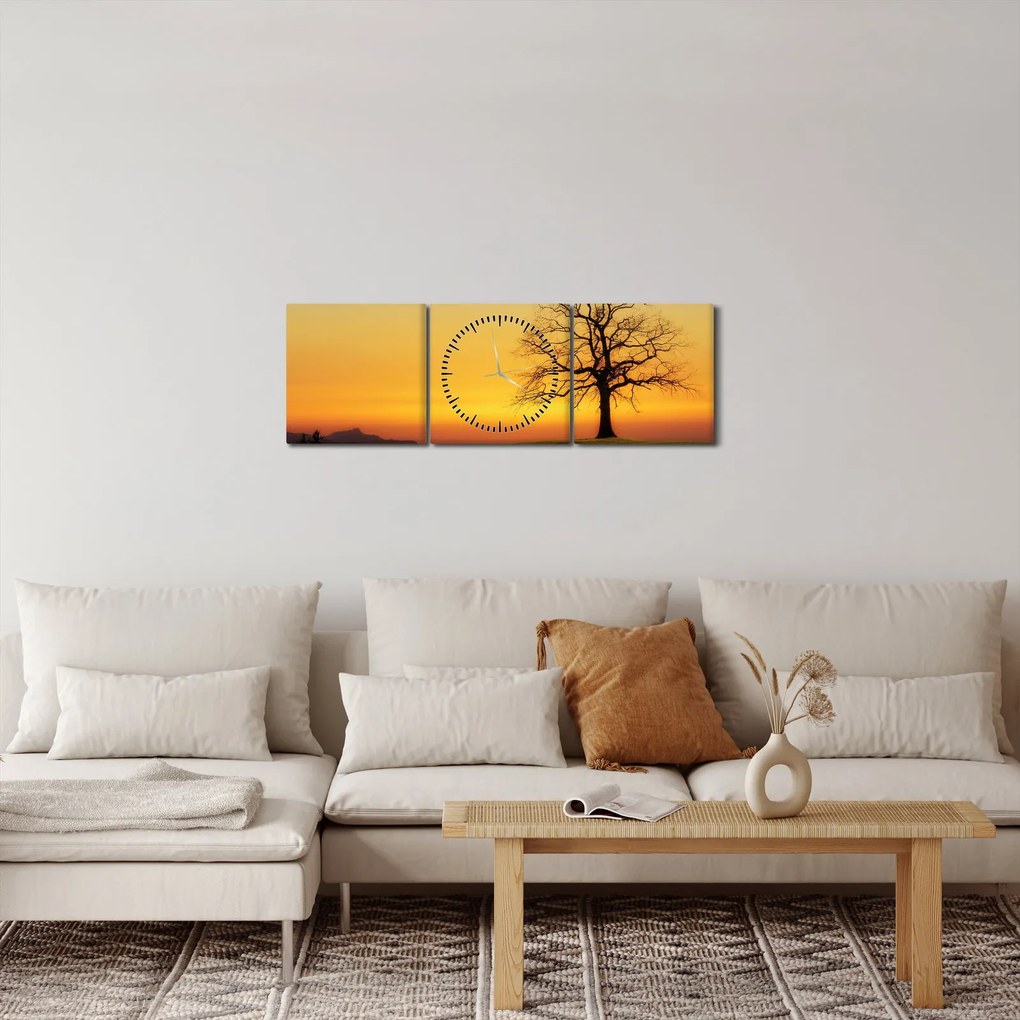 Obraz stromu na poli (s hodinami) (90x30 cm)