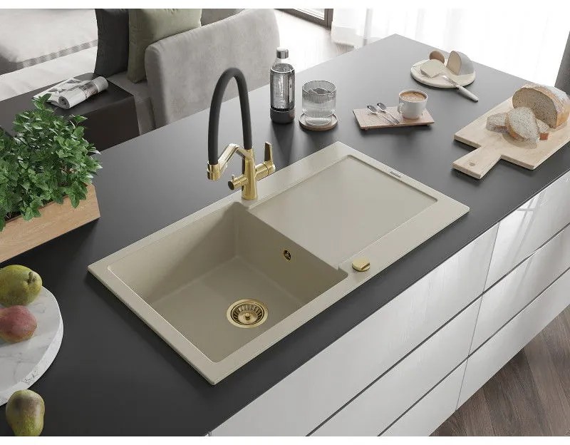 Mexen Leo, 1-komorový granitový drez 900x500x190 mm a drezová batéria Duo, béžová, 6501-69-671701-57-G