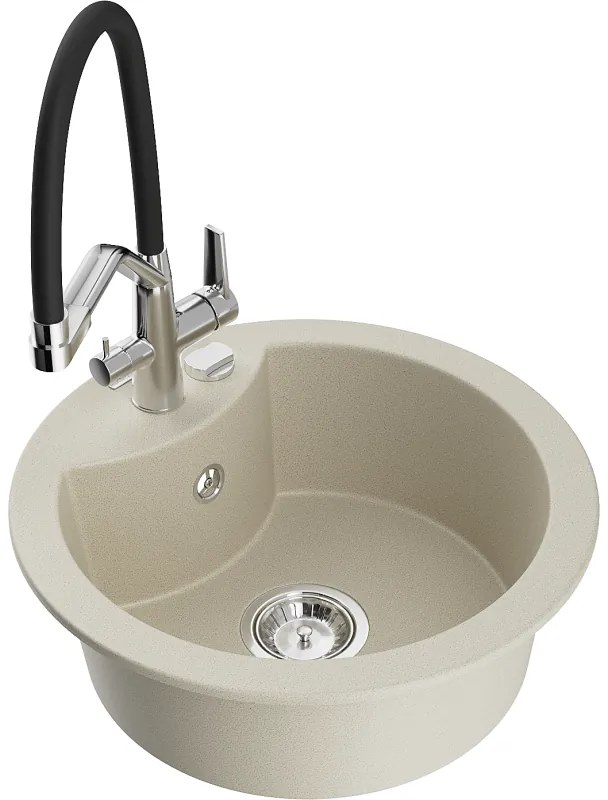 Mexen Diego, 1-komorový granitový drez 488x488x167 mm a drezová batéria Duo, béžová, 6512-69-671701-07