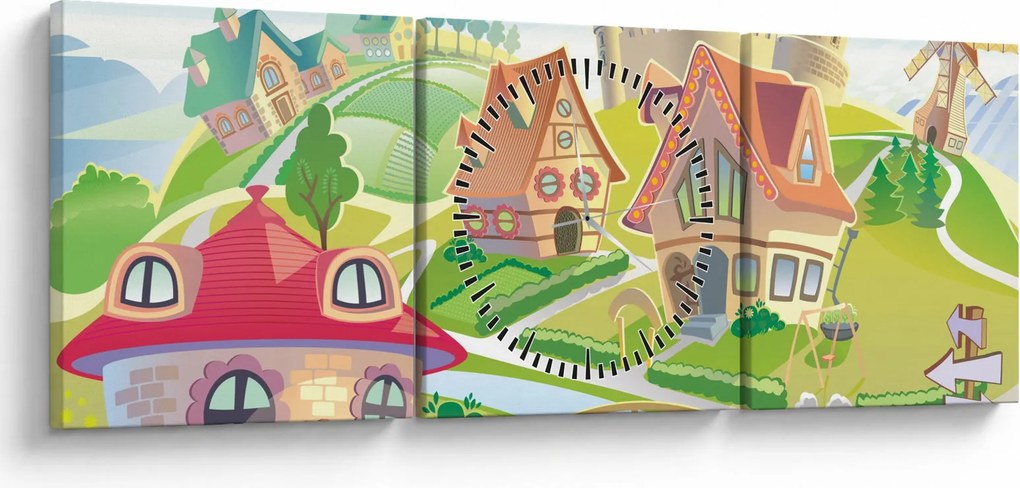 Obraz - Farebné mestečko (s hodinami) (90x30 cm)