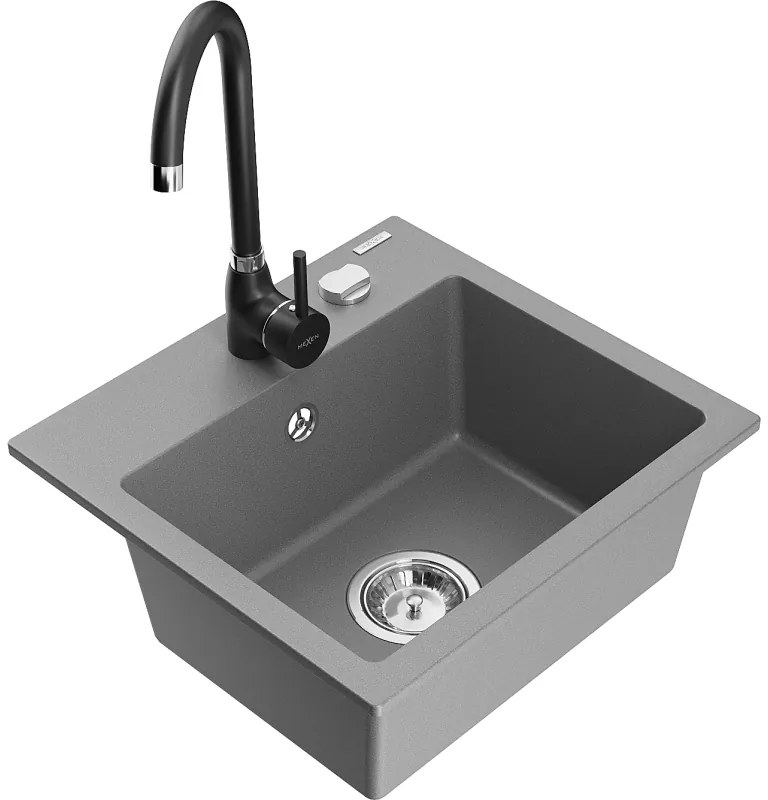 Mexen Milo, 1-komorový granitový drez 435x410x171 mm a čierna batéria Telma, šedá, 6505-71-670200-70