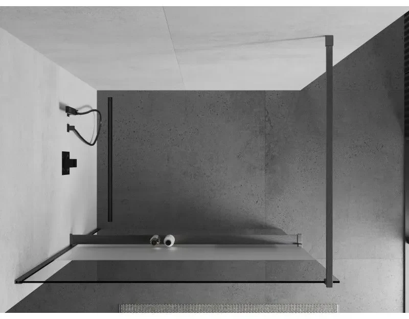 Mexen Kioto+, sprchová zástena Walk-In s poličkou a vešiakom 70 x 200 cm, 8mm číre sklo-námraza, grafitový profil, 800-070-121-66-35