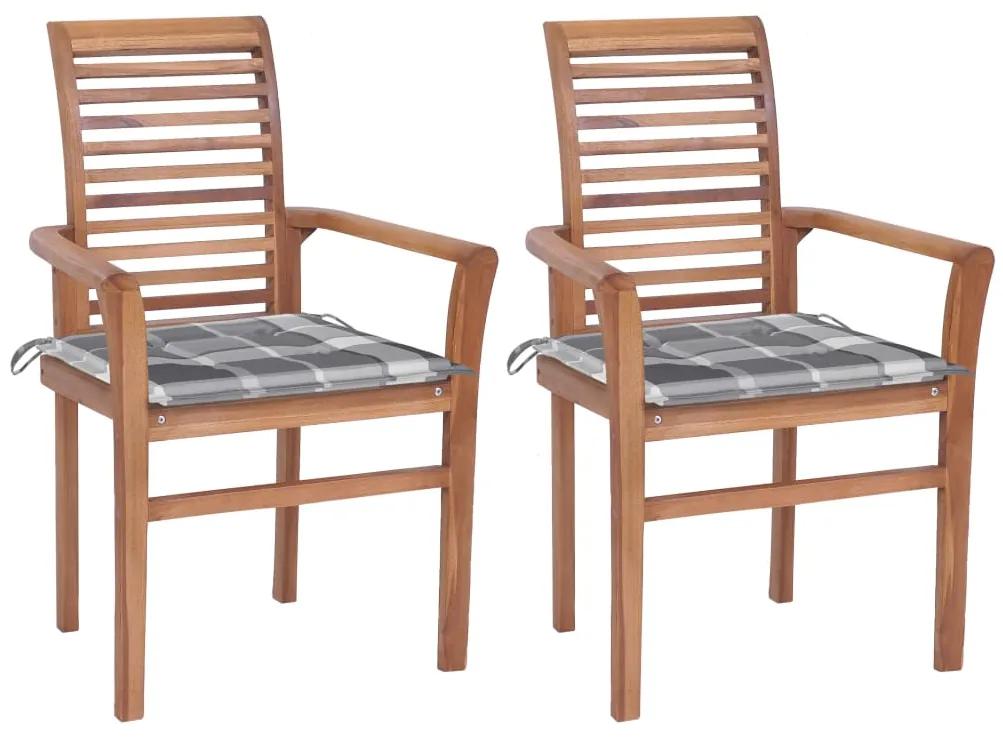 Jedálenské stoličky 2 ks sivé kockové podložky tíkový masív