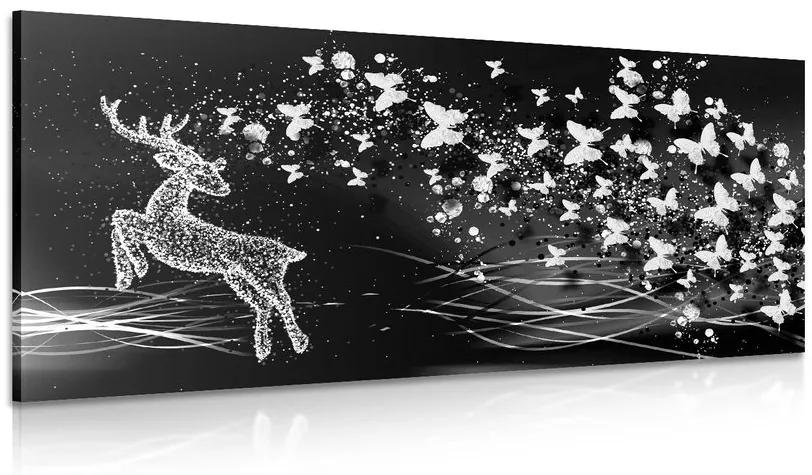 Obraz nádherný jeleň s motýľmi v čiernobielom prevedení Varianta: 120x60