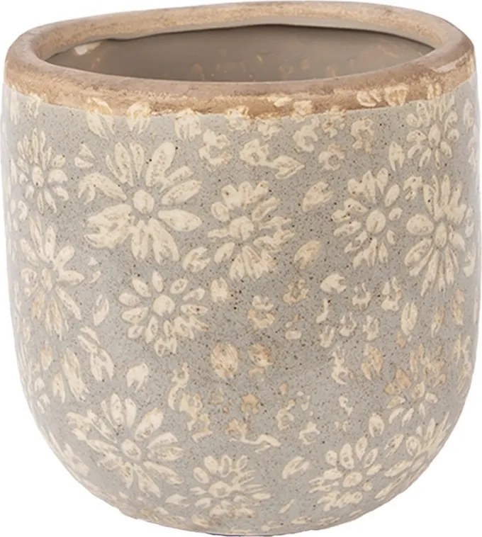 Šedý antik keramický obal na kvetináč s kvetmi M - Ø 14*13 cm