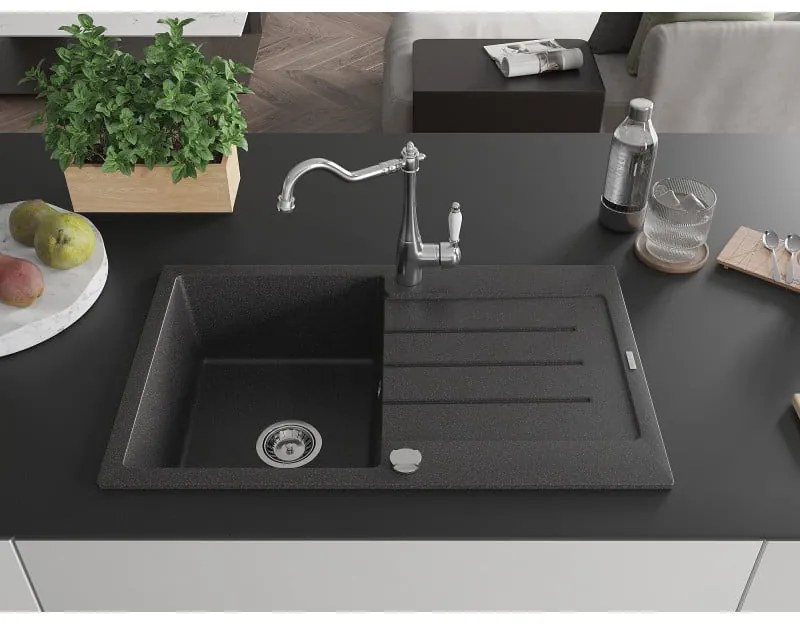 Mexen Bruno, granitový drez 795x495x200 mm, 1-komorový a drezová batéria Carla, čierna škvrnitá, 6513-76-670700-00