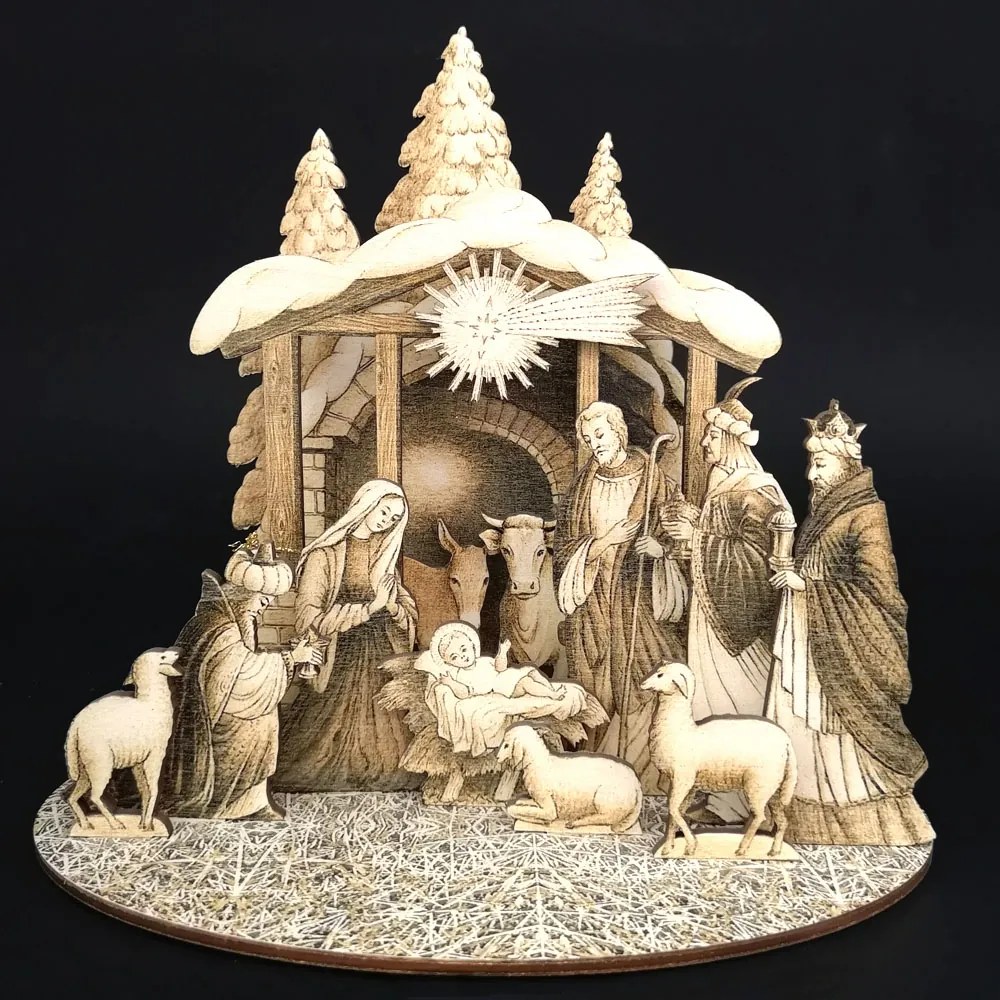 AMADEA Drevený skladací betlehem sépiový 3D 20 cm